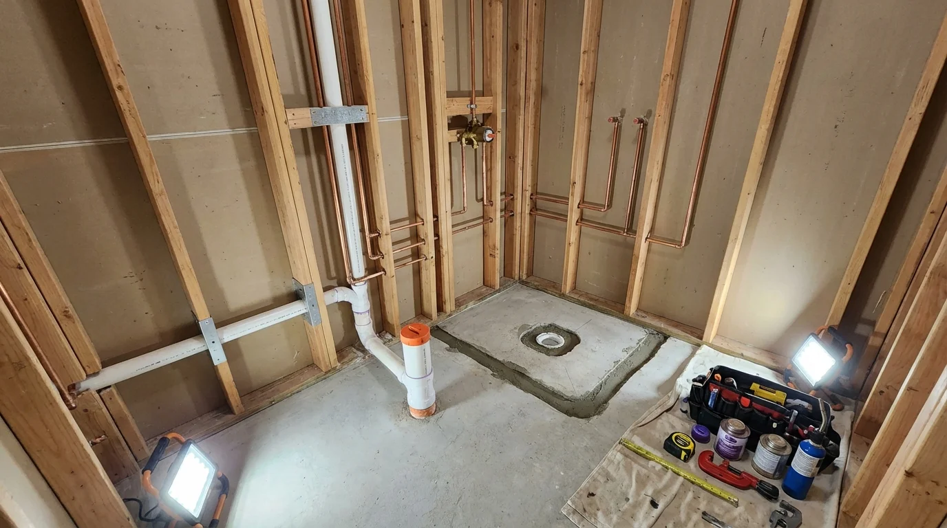 Bathroom rough-in plumbing during remodel by Johns Plumbing LLC in Lahaina